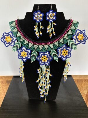 Blue Dream Huichol Flower Collar Necklace and Earring Set