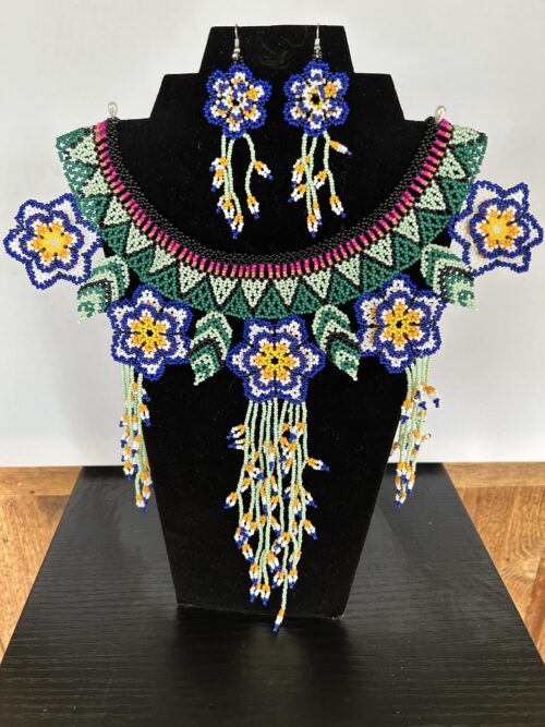 Blue Dream Huichol Flower Collar Necklace and Earring Set