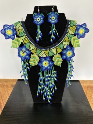 Bluegreen Dream Huichol Flower Collar Necklace and Earrings Set