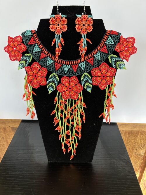 Red Falls Dream Huichol Flower Collar Necklace and Earrings Set