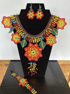 Sunrise Dream Huichol Flower Collar Necklace, Earrings & Bracelet Set