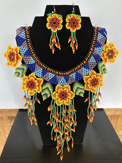 Yellow Dream Huichol Flower Collar Necklace and Earrings Set
