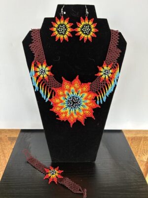 Flower Burst Huichol Choker Necklace, Earrings and Bracelet Set