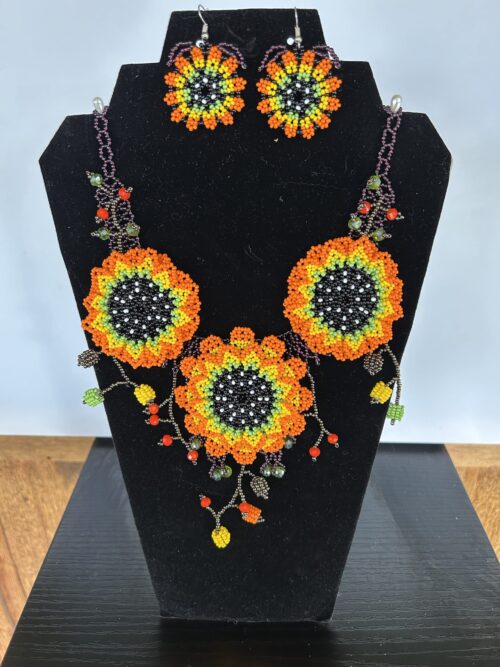 Orange Time Huichol Choker Necklace and Earrings Set