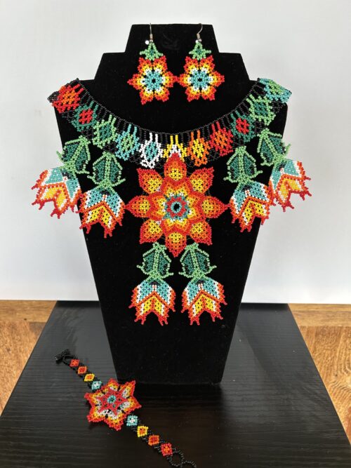 Sacred Flower Song Huichol Collar Necklace, Earrings and Bracelet Set