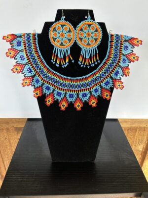 Blue Fire Huichol Collar Necklace and Earrings Set