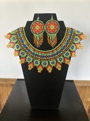 Green Fire Huichol Collar and Earrings Set