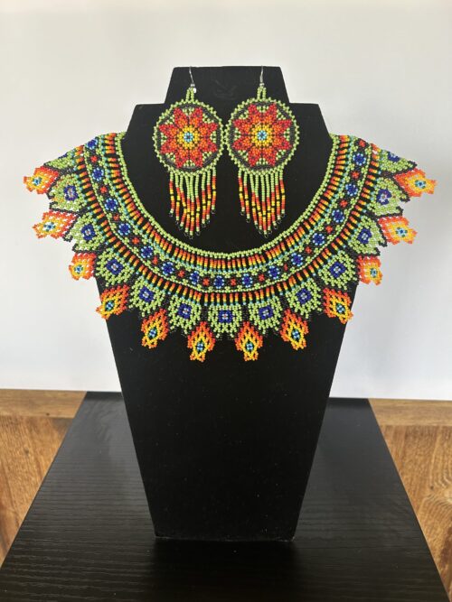 Green Fire Huichol Collar and Earrings Set