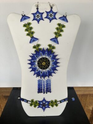 Blue Starburst Sacred Flower Necklace, Earrings and Bracelet Set