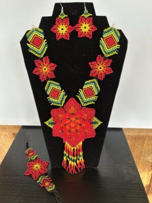 Red Sunshine Sacred Flower Necklace, Earring and Bracelet Set