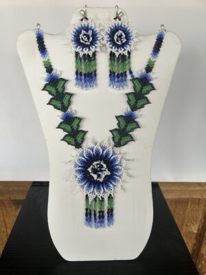 Blue Starburst Song Sacred Flower Necklace and Earrings Set