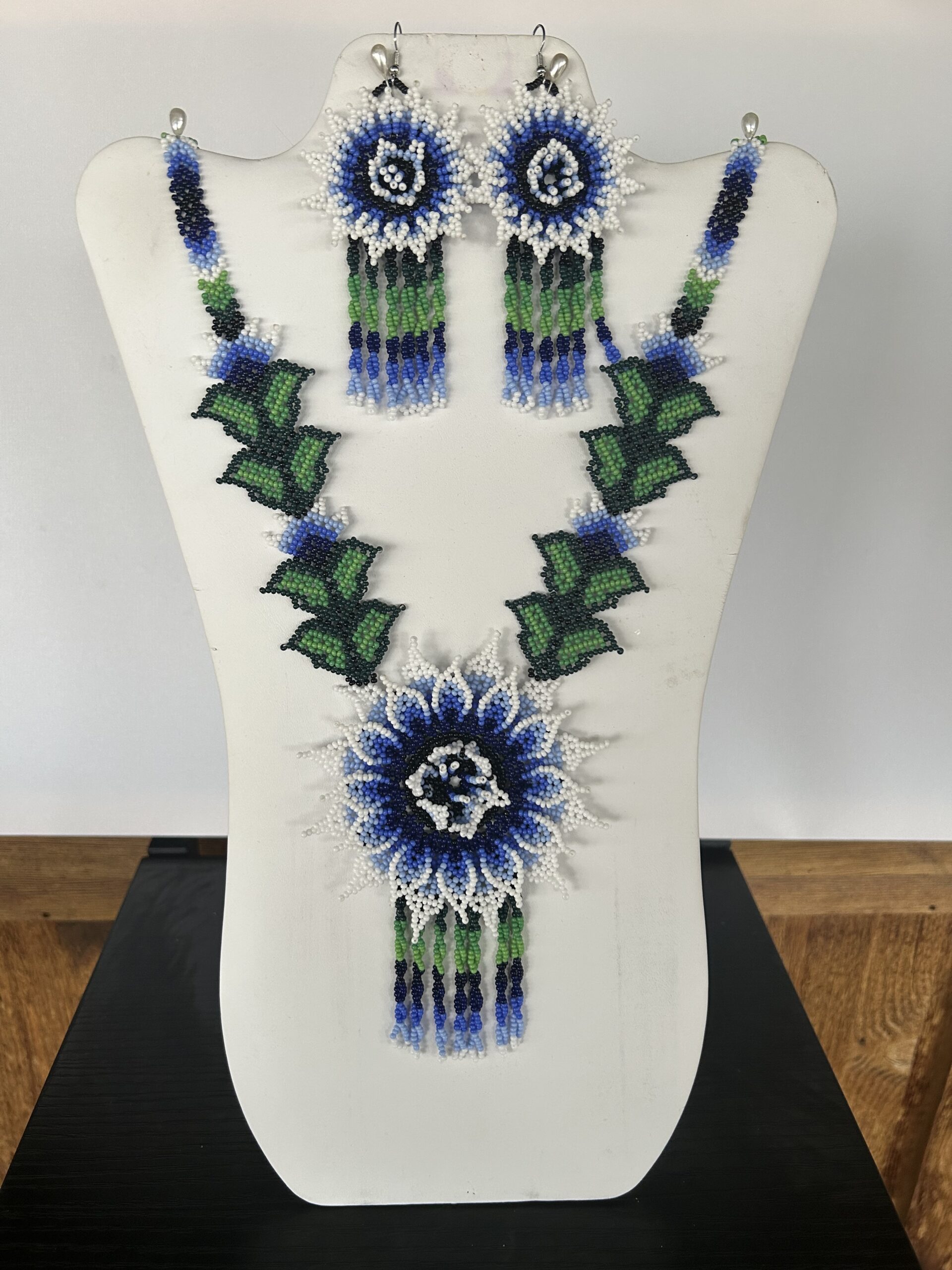 Blue Starburst Song Sacred Flower Necklace and Earrings Set