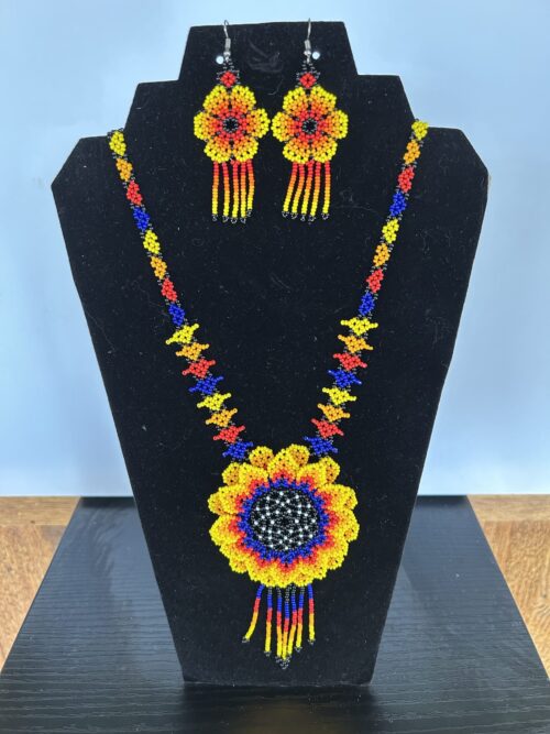Blue Yellow Mist Sacred Flower Necklace and Earrings Set