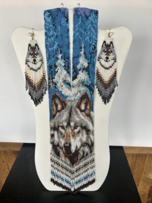 Snowy Pine Wolf Necklace and Earrings Set