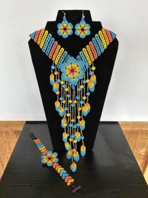 Blue/Yellow Waterfall Necklace, Earrings, and Bracelet Set