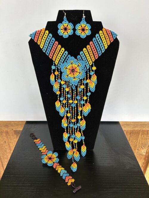 Blue/Yellow Waterfall Necklace, Earrings, and Bracelet Set