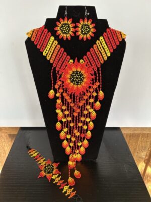 Red Flower Waterfall Necklace, Earrings, and Bracelet Set
