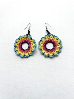 Circle Blue Yellow Pink Bloom Hook Earrings