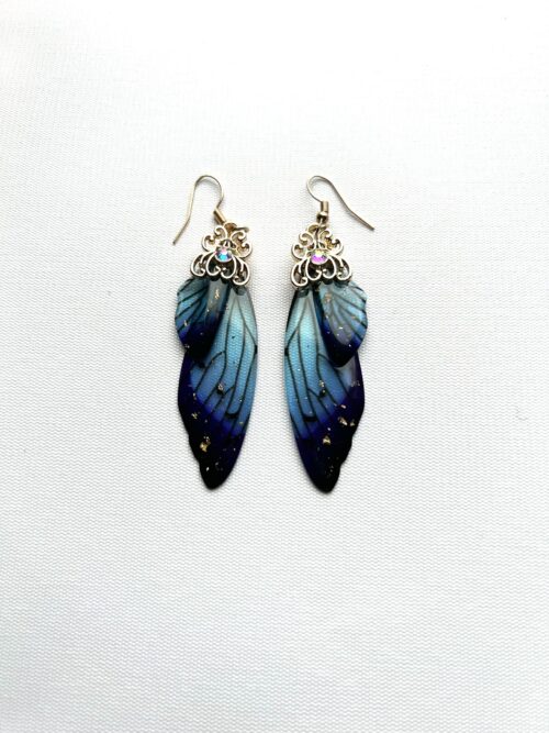 Clear Butterfly Wing Blue Purple Tip Hook Earrings