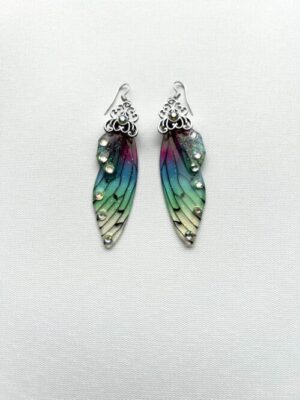 Clear Butterfly Wing Pink Blue with Rhinestones Hook Earrings