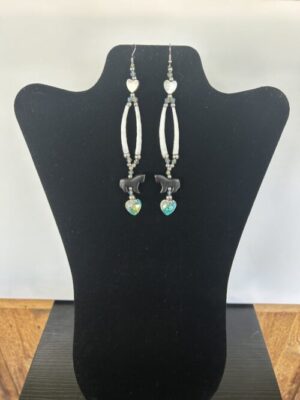 Dentalium - Black Horse Crystal and Shell Hearts Earrings