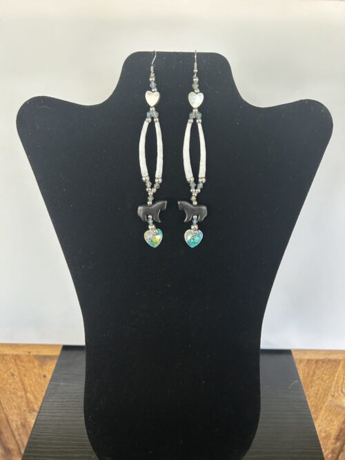 Dentalium - Black Horse Crystal and Shell Hearts Earrings