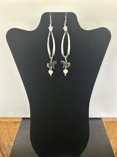 Dentalium - Blue Horse with 4 Hearts Earrings