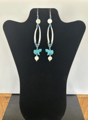Dentalium - Blue Horse White Pearl Disk Earrings
