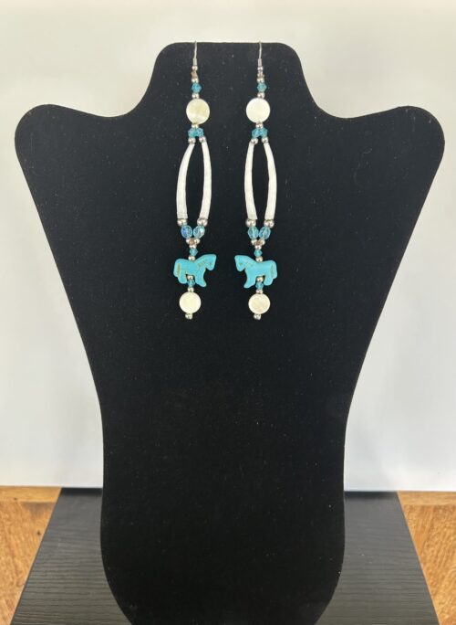 Dentalium - Blue Horse White Pearl Disk Earrings