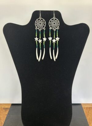 Dentalium - Green Dreamcatcher Star Rain Earrings