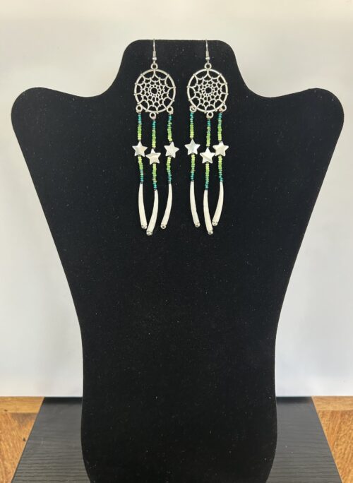 Dentalium - Green Dreamcatcher Star Rain Earrings