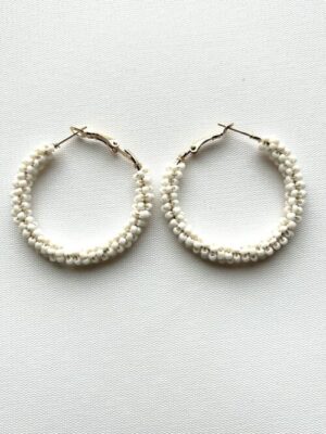 Large White Beaded Hoop Earrings