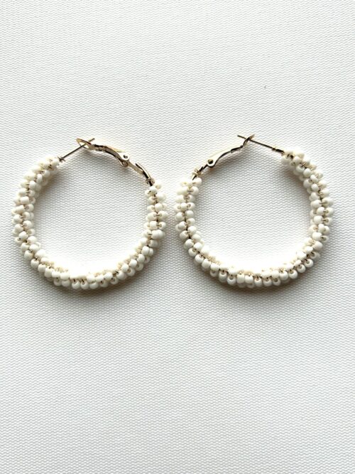 Large White Beaded Hoop Earrings