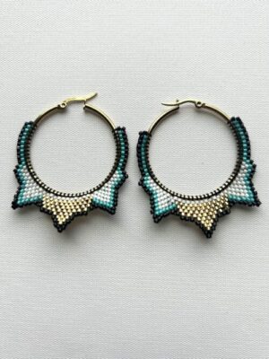 Teal White Crown Melody Hoop Earrings