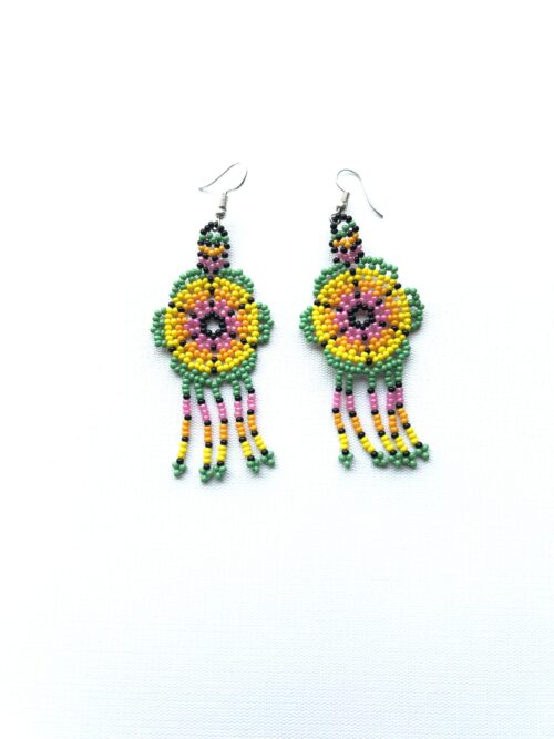 Sacred Flower Green Yellow Pink Waterfall Hook Earrings