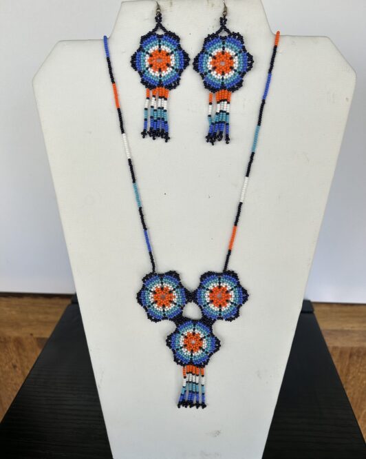 Blue Orange Sacred Flower Necklace and Earrings Set