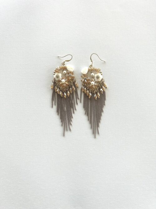 Peach Chain with Peach and White Flowers Waterfall Hook Earrings