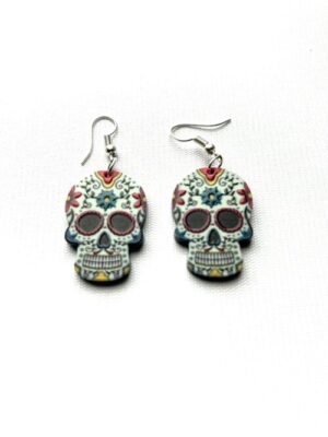 Days of the Dead Lt Blue Head 6 Point Star Forehead Hook Earrings