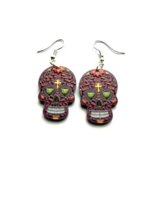 Days of the Dead Maroon Head Yellow Cross Forehead Hook Earrings