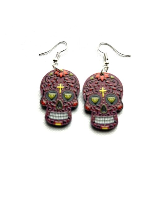 Days of the Dead Maroon Head Yellow Cross Forehead Hook Earrings