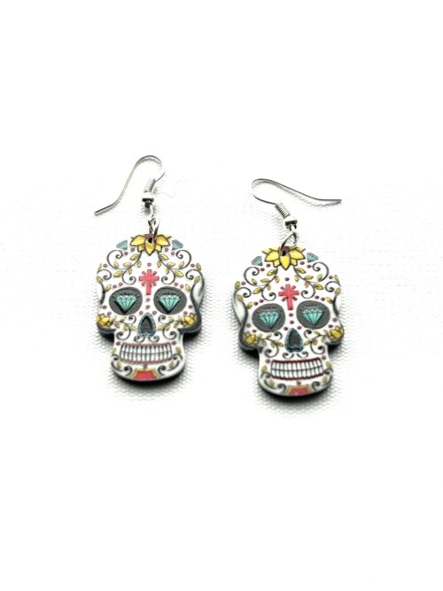 Days of the Dead - White Head Blue Diamond Eyes Hook Earrings