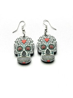 Days of the Dead - White Head Red Heart Forehead Hook Earrings