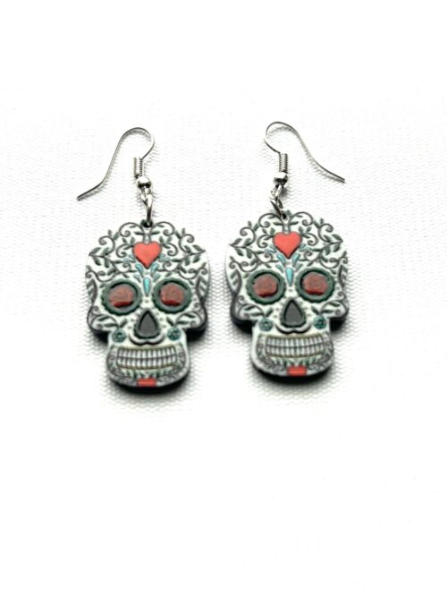 Days of the Dead - White Head Red Heart Forehead Hook Earrings