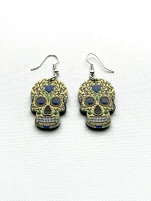 Days of the Dead, Yellow Head, Blue Heart Forehead, Hook Earrings