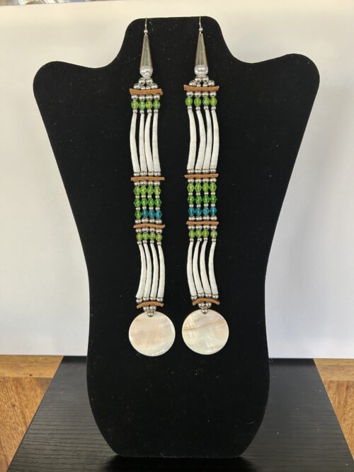 Dentalium - Green 2 Tear Disk Long Song Earrings