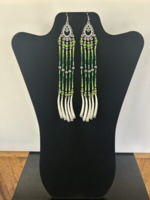 Dentalium - Green 3 Tear Rain Earrings