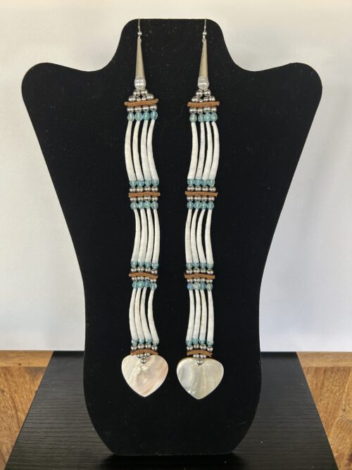 Dentalium - Lt Blue 3 Tear Heart Earrings