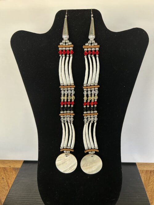 Dentalium - Medicine Wheel 2 Tear Disk Long Song Earrings