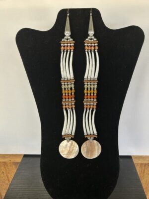 Dentalium - Orange 2 Tear Disk Long Song Earrings
