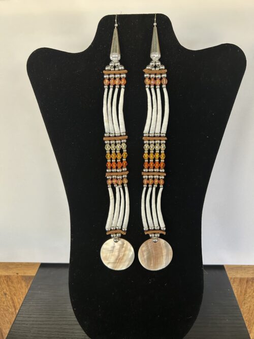 Dentalium - Orange 2 Tear Disk Long Song Earrings